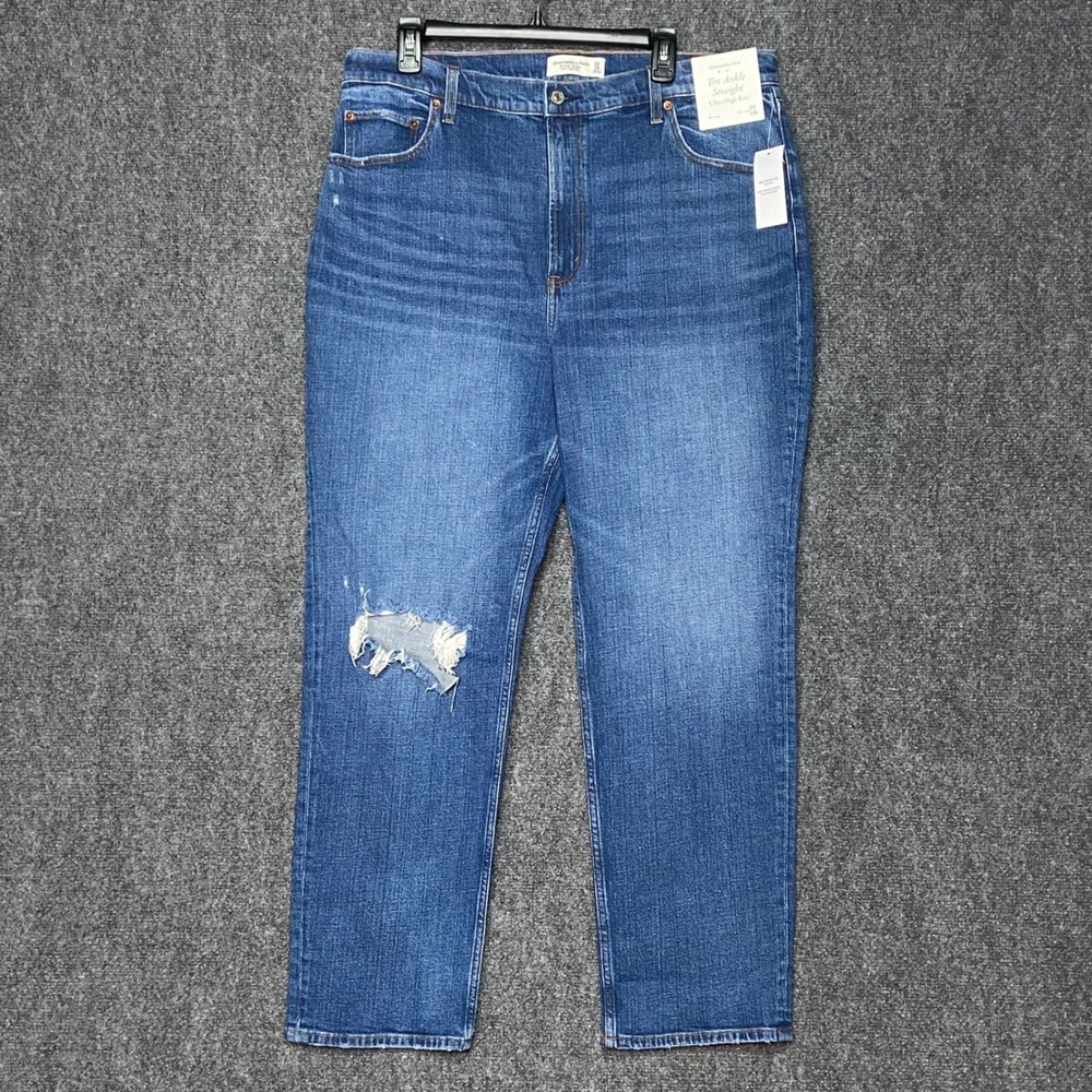 Abercrombie & Fitch Ankle Straight Ultra HR Blue Jeans Women's 34/18L Distressed